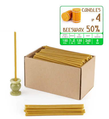 100 pcs (1.2 kilograms) church candles, 24 cm high (9.4 in), 0.8 cm thick (0.31 in).