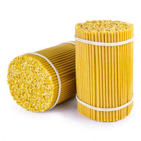 100 pcs (0,9 kilograms) church candles, 20 cm high (8.3 in), 0.7 cm thick (0.28 in).