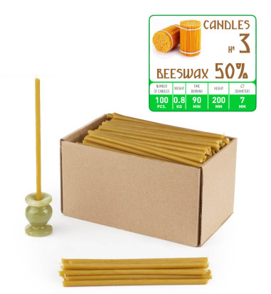 100 pcs (0,9 kilograms) church candles, 20 cm high (8.3 in), 0.7 cm thick (0.28 in).